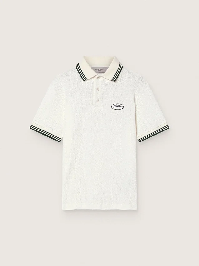 Men's white cotton polo shirt with openwork jacquard pattern