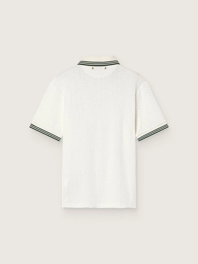 Men's white cotton polo shirt with openwork jacquard pattern