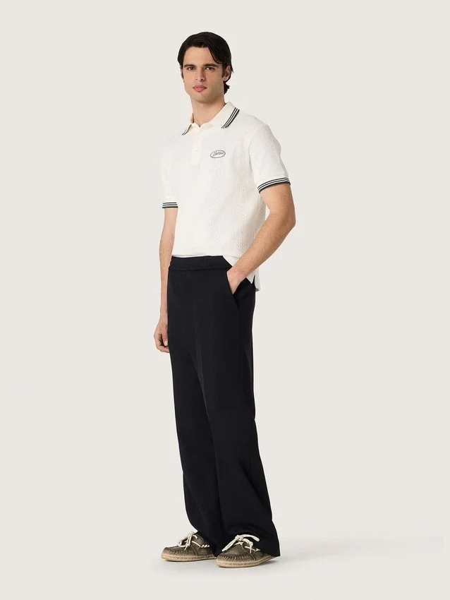 Men's white cotton polo shirt with openwork jacquard pattern