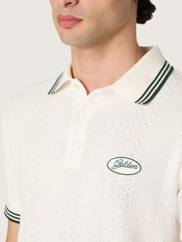 Men's white cotton polo shirt with openwork jacquard pattern