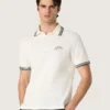 Men's white cotton polo shirt with openwork jacquard pattern