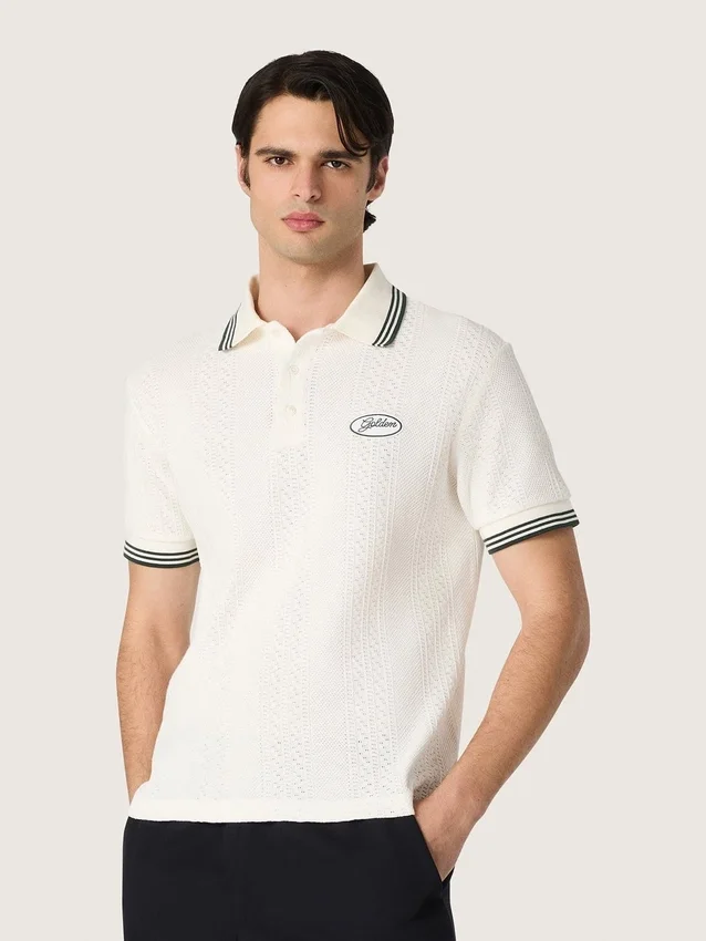 Men's white cotton polo shirt with openwork jacquard pattern