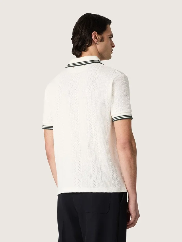 Men's white cotton polo shirt with openwork jacquard pattern
