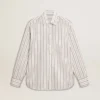 Men's white cotton shirt with fine burgundy stripes