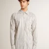 Men's white cotton shirt with fine burgundy stripes