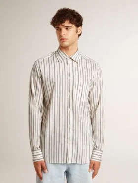 Men’s white cotton shirt with fine burgundy stripes