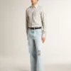 Men's white cotton shirt with fine burgundy stripes