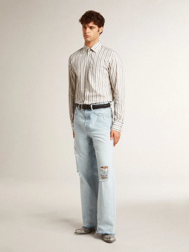 Men's white cotton shirt with fine burgundy stripes