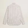 Men's white cotton shirt with fine burgundy stripes