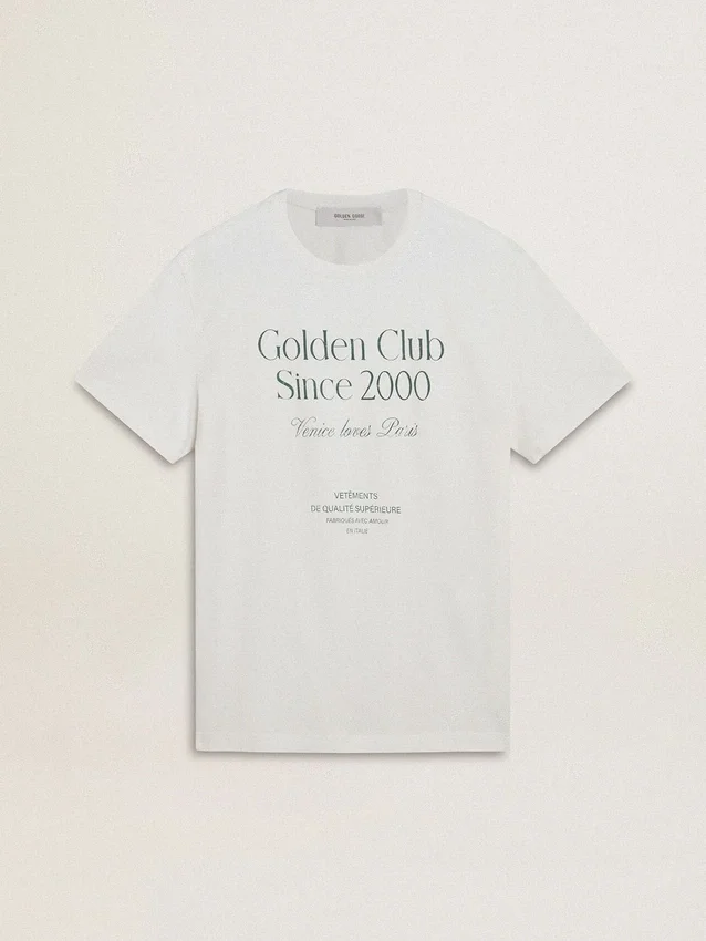 Men's white cotton T-shirt with green print