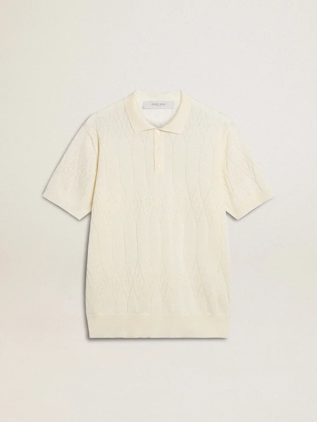 Men's white jacquard knit polo shirt