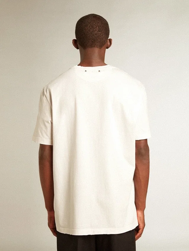 Men's white T-shirt with distressed treatment