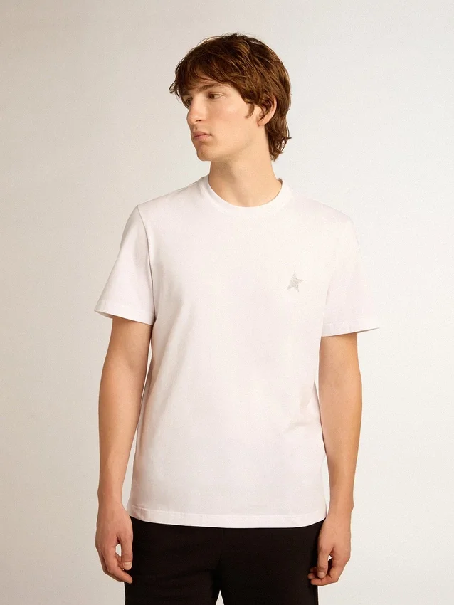 Men's white T-shirt with silver glitter star on the front