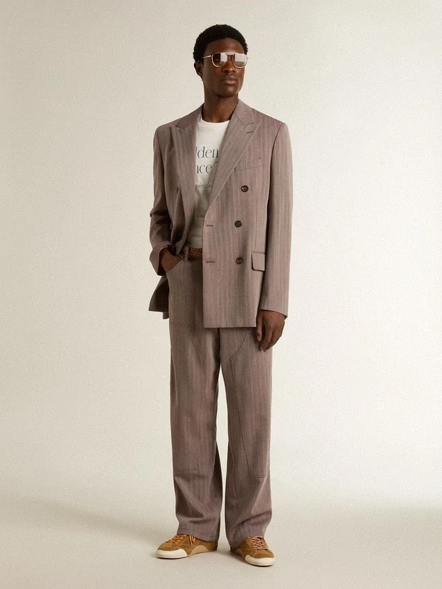 Men’s wool blend pants in light brown micro chevron