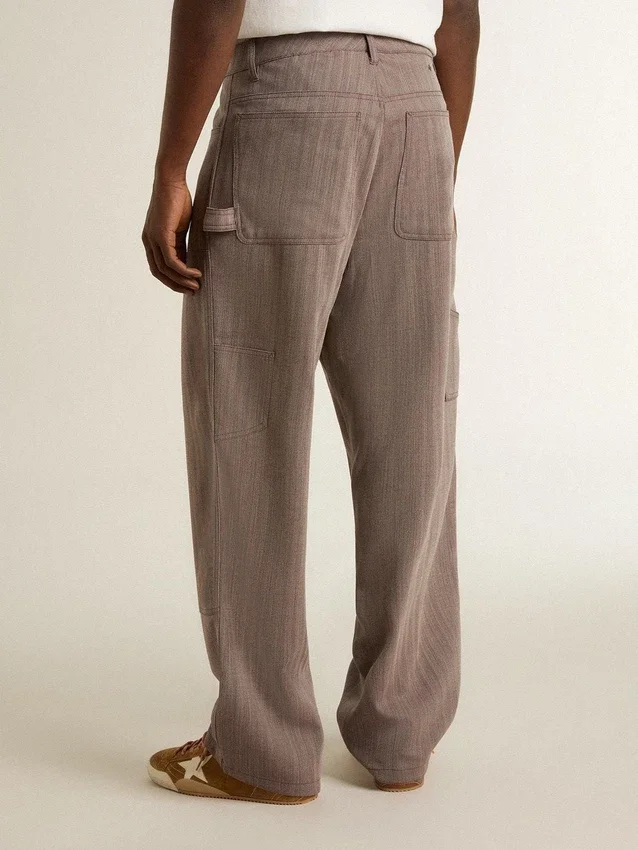 Men’s wool blend pants in light brown micro chevron