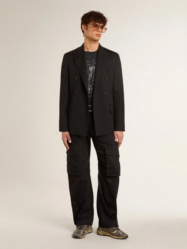 Men’s worn-black cotton T-shirt with print on the front
