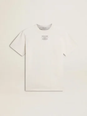 Men's worn-white cotton T-shirt with black lettering