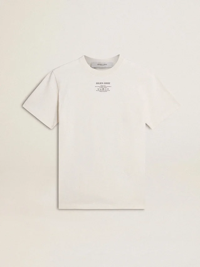 Men's worn-white cotton T-shirt with black lettering