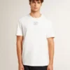 Men's worn-white cotton T-shirt with black lettering