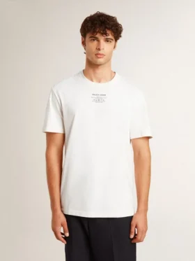 Men’s worn-white cotton T-shirt with black lettering