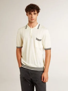 Men’s worn-white knitted polo shirt with blue ribbing