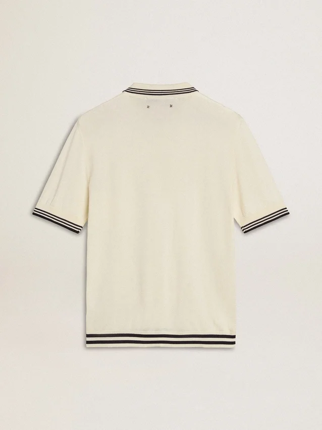 Men's worn-white knitted polo shirt with blue ribbing