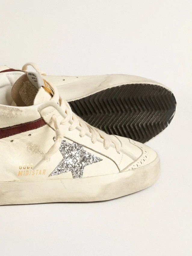 Mid Star LTD in white nappa leather with silver glitter star