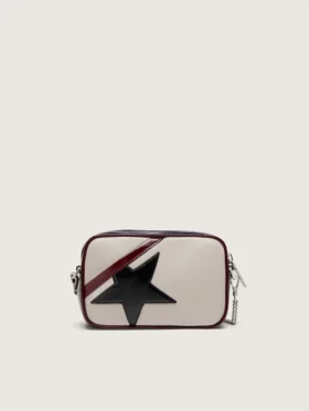 Mini Star Bag in butter-white leather with black star and burgundy and dark blue details