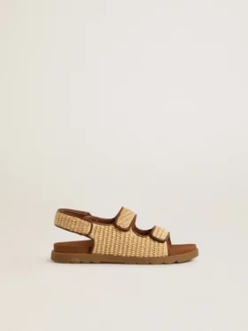 Noa Junior sandals in beige raffia and brown leather