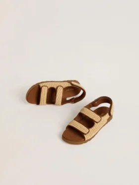 Noa Junior sandals in beige raffia and brown leather