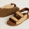 Noa Junior sandals in beige raffia and brown leather