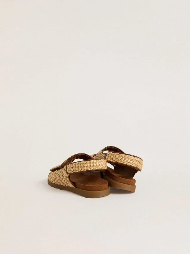 Noa Junior sandals in beige raffia and brown leather