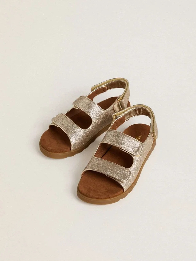 Noa Junior sandals in micro-glitter and platinum leather