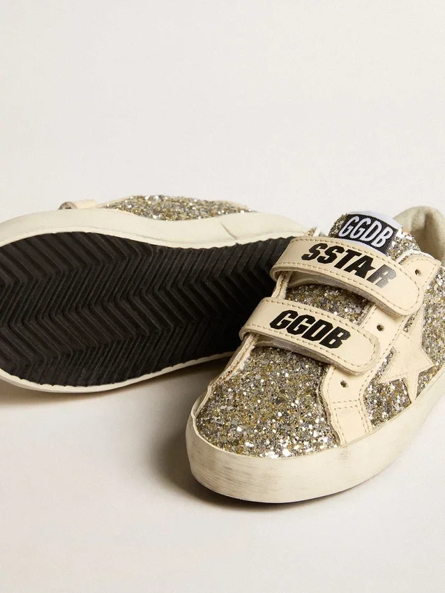 Old School Young in platinum glitter with leather star and heel tab