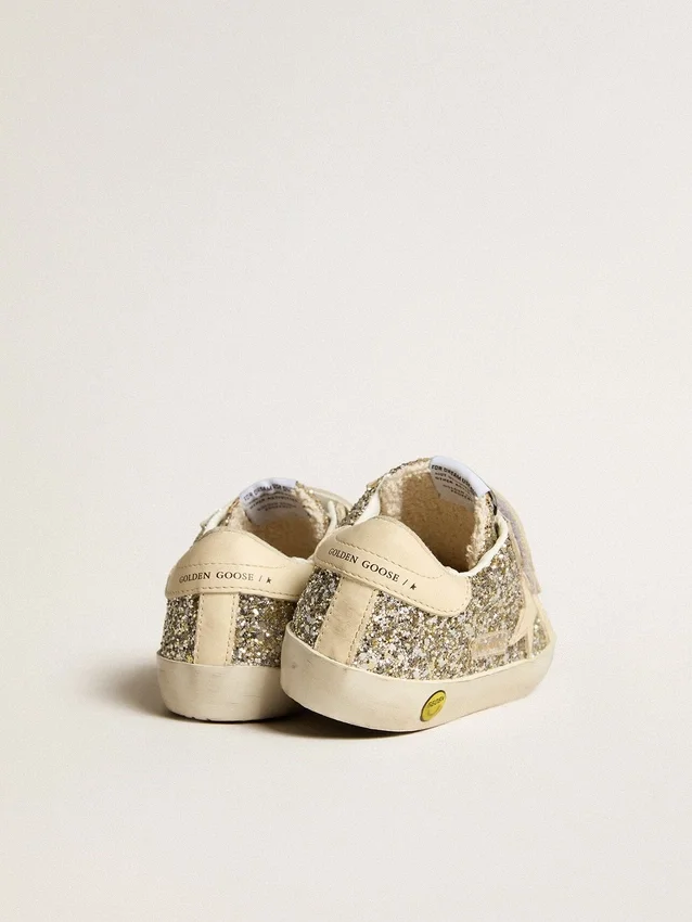 Old School Young in platinum glitter with leather star and heel tab