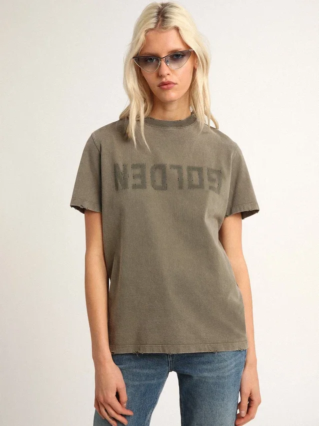 Olive-green regular-fit T-shirt with Golden lettering on the front