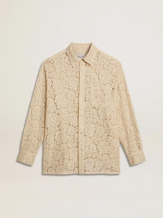 Oversized shirt in cream-colored see-through lace