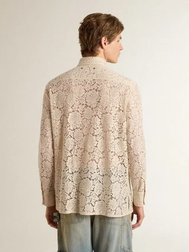 Oversized shirt in cream-colored see-through lace