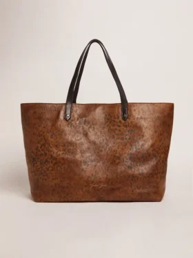 Pasadena Bag in hammered leather with leopard print and contrasting black handles