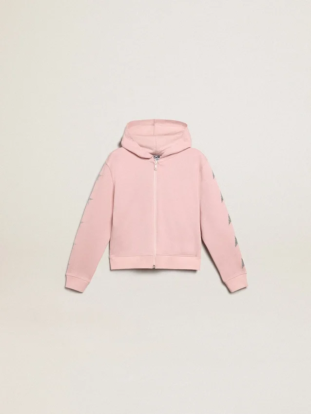 Pink sweatshirt with hood and silver glitter stars