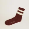 Purple socks with distressed details and worn-white stripes