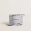 Silver-colored Lurex laces with contrasting black logo