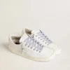 Silver-colored Lurex laces with contrasting black logo