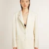Single-breasted oversize jacket in white with silk effect and embroidery