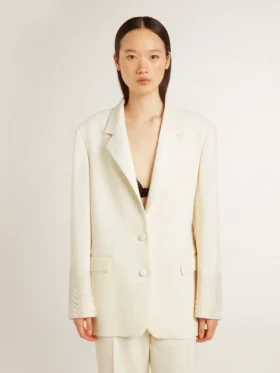 Single-breasted oversize jacket in white with silk effect and embroidery