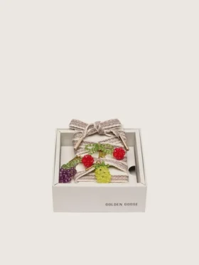 Skins cream and dove-gray striped embroidered laces with three fruit beaded charms