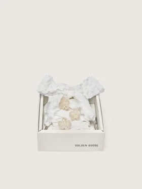 Skins white crinkle laces with flower-shaped beaded appliqués