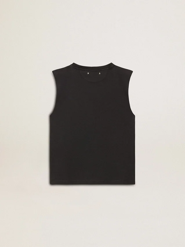 Sleeveless T-shirt in worn-black with tone-on-tone gradient embroidery