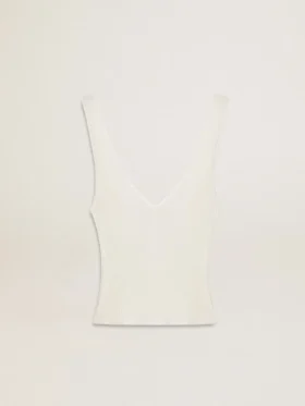 Sleeveless top embroidered with worn-white ribbing