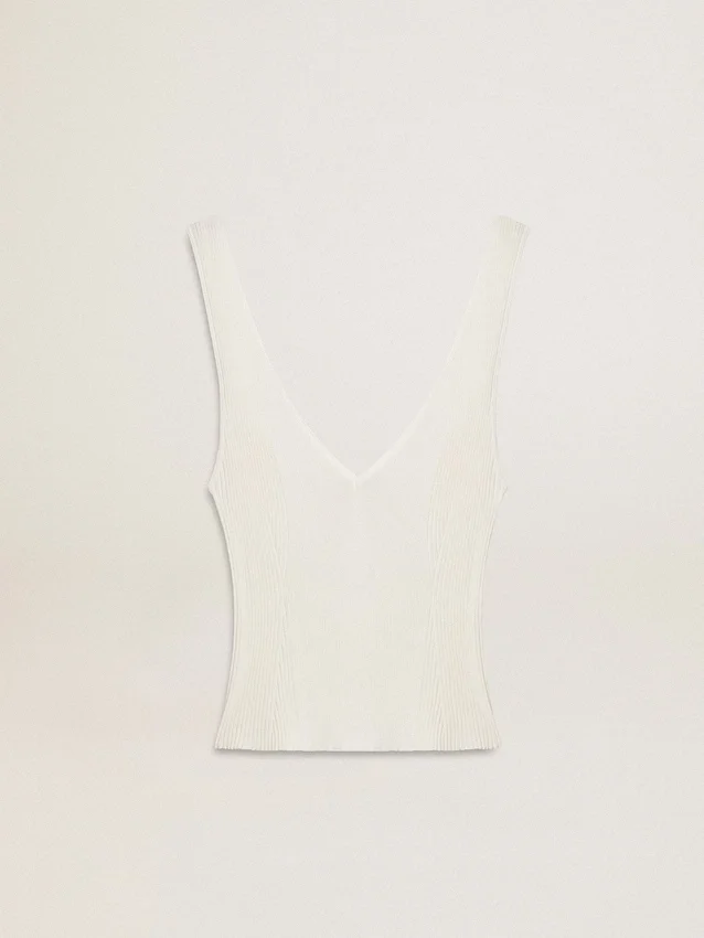 Sleeveless top embroidered with worn-white ribbing